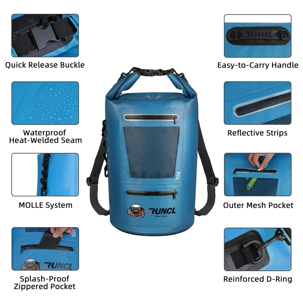 RUNCL Waterproof Dry Bag 10/20/30/40L Tripper Backpack Tackle Bag Lure  Fishing Multi-Function Shoulder Bag Outdoor Travel Bike