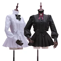 Spring Women White Tops Vintage Victorian Ruffled Pleated Shirts Lantern Sleeve Female Gothic High Collar Blouse Lolita Costumes 1