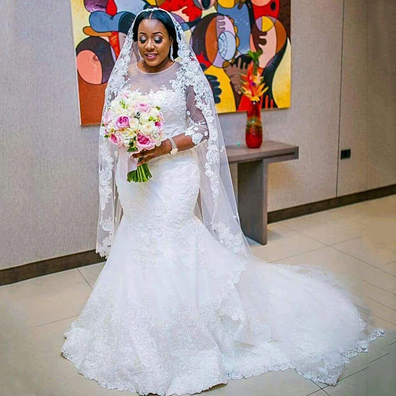 

Booma Mermaid Wedding Dresses 2019 3/4 Sleeve High Quality Lace Appliques with Tulle Bridal Gowns Plus Size vestidos de noiva