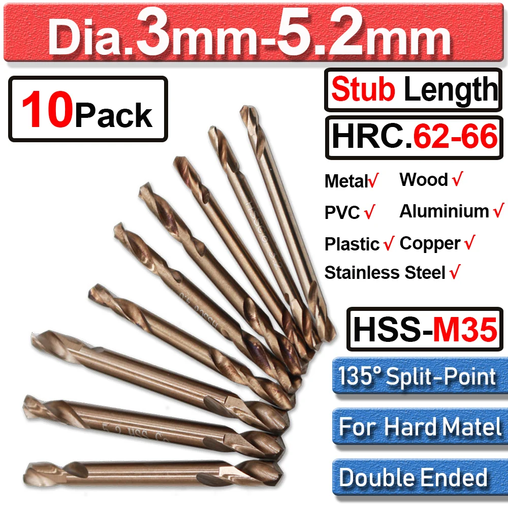 10Pc/set M35 Double End High Speed Steel HSS Cobalt Stub Twist Drill Bits HSS-Co Bit 5%Co For Metal Drilling 3-5.2mm Stubby Tool