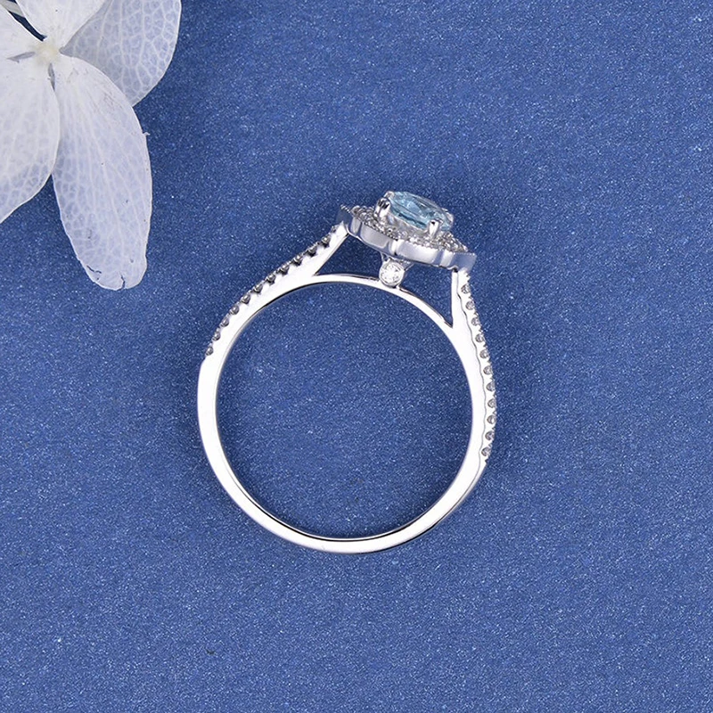 CxsJeremy Aquamarine Oval Cut 5*7mm Moissanite Engagement Ring 14K Au585 White Gold Halo Wedding Band Milgrain Anniversary Gift - Image 5