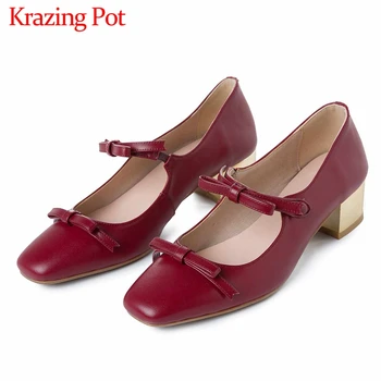 

Krazing pot big size solid genuine leather ladies shoes sweet bowtie square toe med heels women daily wear fashion pumps L18