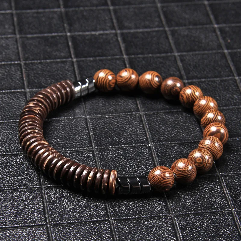 Natural Stone Round Beads Coconut Wood Flake Bracelets Bloodstone Lava Stone Wooden Bead Male Bracelet Unique Style For Men Gift - Image 4