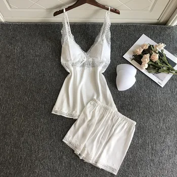 

QWEEK Sexy Pyjama Satin Femme Lace Pajamas Nuisette Femme Summer Two Piece Set Sexy Sleepwear 2020 Summer Suit for Home