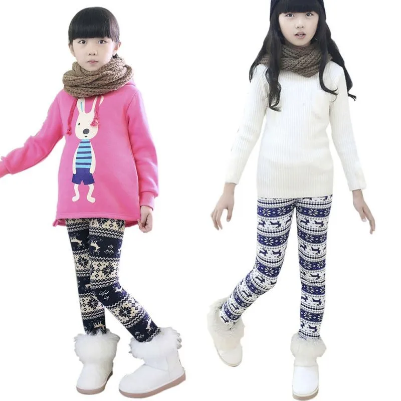 Fashion Autumn Winter Warm Christmas Leggings Velvet Flower Print Girl Pants New Korean Style Children Kids Pants Girl Clothing