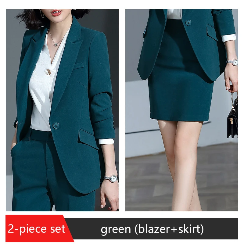 green skirt suits Офисный женский костюм со штанами, блейзер с воротником, куртка и брюки-карандаш, женский костюм, осень, зима, высокое качество - Цвет: green skirt suits