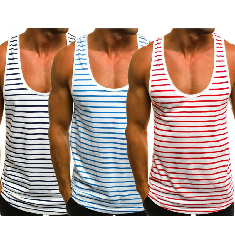 

Meihuida Men's Stripe Sleeveless Vest Summer Beach Training Gym Holiday Tank Tops Bodybuilding Fitness Vest 4 colors
