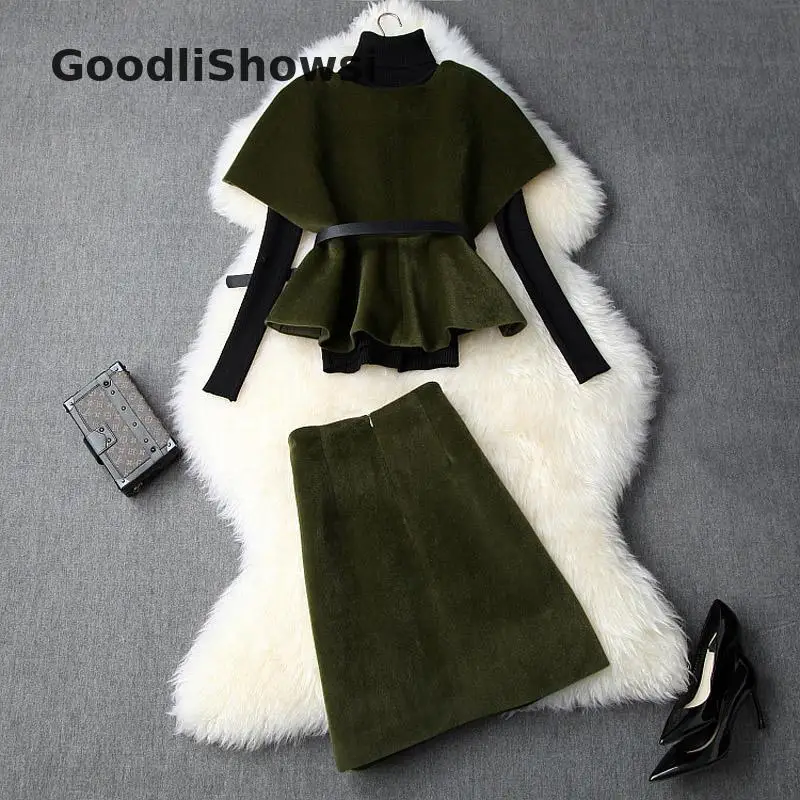GoodliShowsi, зимние элегантные женские комплекты, водолазка, черный свитер, топы+ плащ, дизайнерское пальто, топ+ Сексуальная облегающая юбка, комплекты из 3 предметов