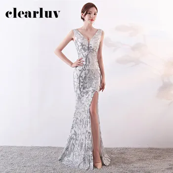 

Sequins Evening Dress V-neck Mermaid Women Party Dresses DX307 Royal Backless Robe De Soiree Sexy Split Floor-length Prom Dress