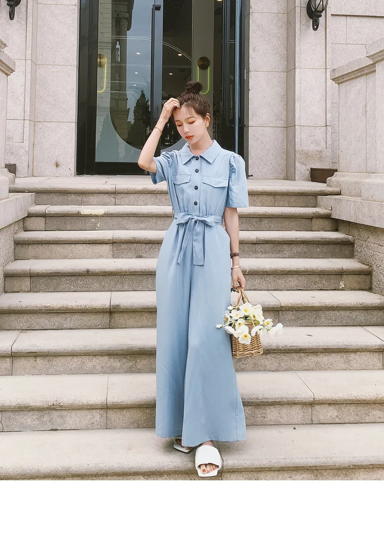 Summer Short Sleeve Shirt Style Jumpsuit Women Bandage Romper Female Korean Purple/blue Loose One Piece Wide Leg Pants Overalls