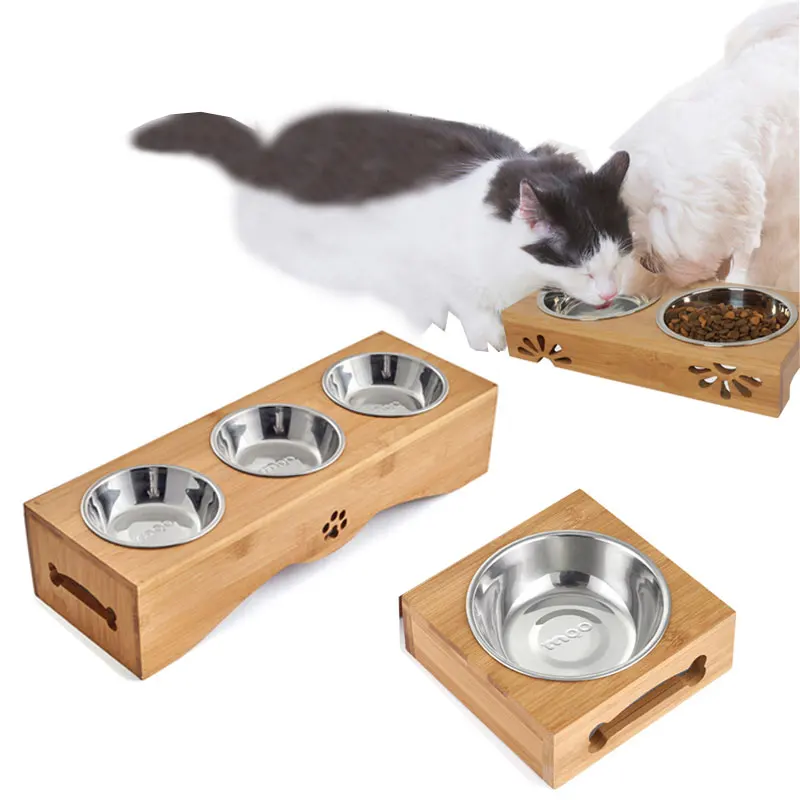 Двойная миска для собак из нержавеющей стали с бамбуковой подставкой питомцев и