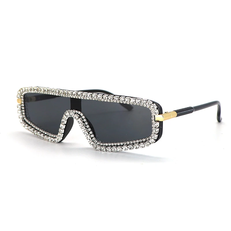 Прямоугольные Солнцезащитные очки женские блестящие, со стразами оправа мужские роскошные очки Модные оттенки брендовый дизайнер - Цвет линз: black
