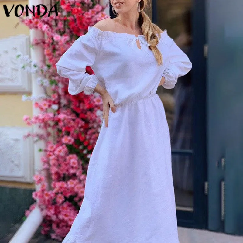 VONDA Womens Long Sleeve Off Shoulder Sexy Sundress Maxi Dresses Cotton Bohemian Vestidos Tunic Ruffled Maternity Dress 5XL Robe