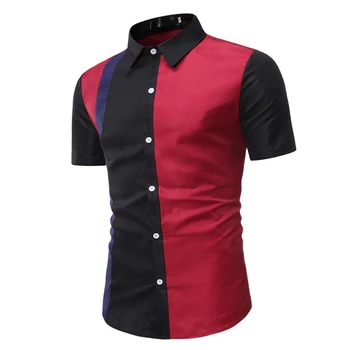

2020 Striped Patchwork Men's Shirt Summer Short-sleeved Turn-down Collar Tops Male Casual Business Slim Shirt