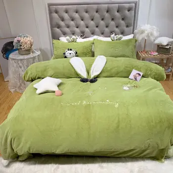 

Rabbit Ear Embroidery Fruit Green White Pink Gray Winter Velvet Girl Bedding Set Fleece Fabric Duvet Cover Bed sheet Pillowcases