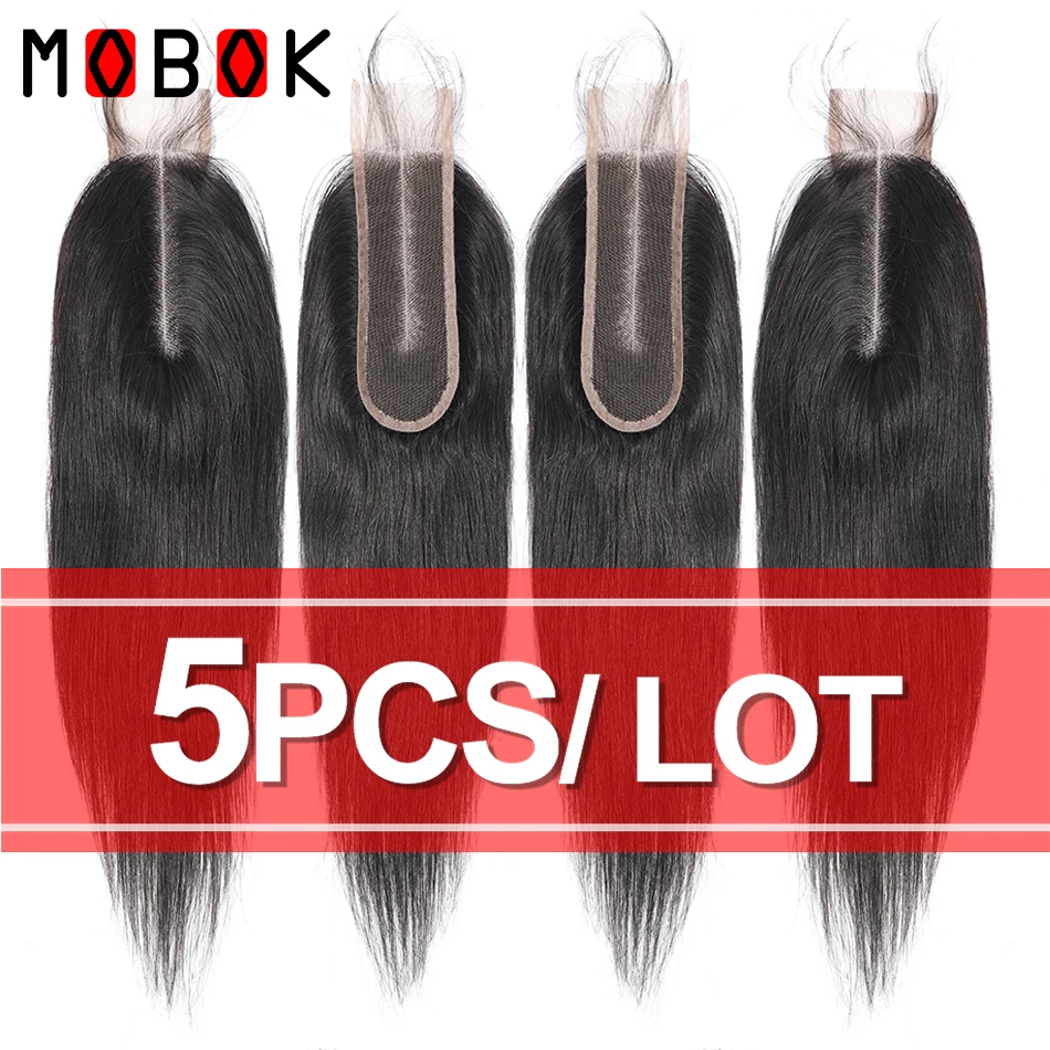 

Monbok 5PCS 2x6 Straight Lace Closure Middle Part Remy Natural Color Brazilian Human Hair Bundles Closure With Baby Hair
