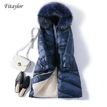Fitaylor, новинка, женское теплое пуховое пальто, зимнее, натуральный мех, с капюшоном, белый утиный пух, парки, Meidum, длинные, зимние куртки, верхняя одежда