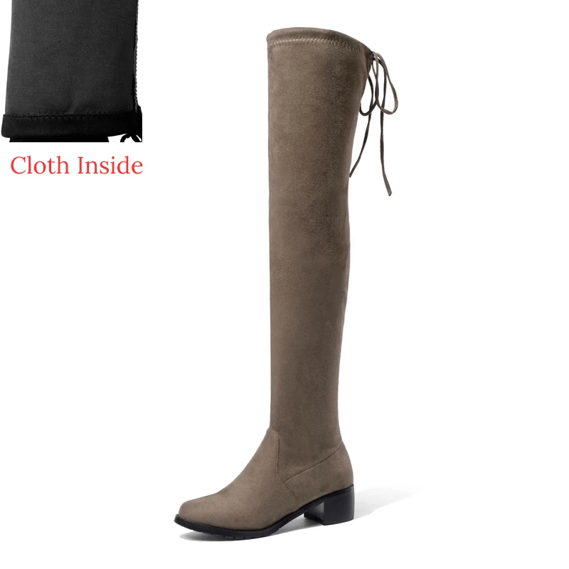 Стрейчевая ткань; облегающие высокие сапоги; Женская осенне-зимняя обувь на среднем каблуке; модные женские сапоги выше колена с перекрестными ремешками; A328 - Цвет: Khaki Cloth Inside