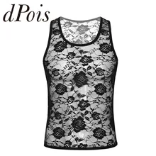 Мужское прозрачное белье, u-образный вырез, без рукавов, эластичная Цветочная кружевная майка, облегающий мышцы для плавания, футболка для тренажерного зала, майка