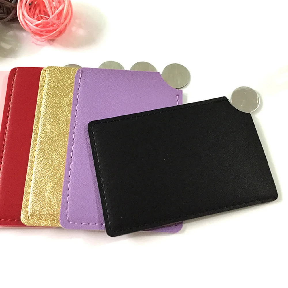 1PC Portable Shatter Proof Card Style Pocket Cosmetic Mirror PU Leather Cover Stainless Steel Unbreakable for treval party 1PC P