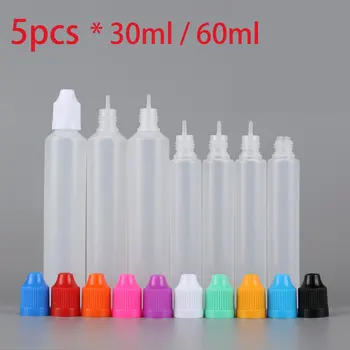 

5pcs 60ml 30ml Long Dropper Bottles Empty Squeezable Eye E Liquid Juice Containers with Childproff Caps Dropper Tips + Funnel