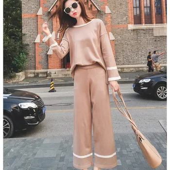 

Women Knitted 2 Piece Set Fashion Casual Sportsuit O Neck Long Sleeve Pullover Sweater Pant Set Autumn Winter Women Tracksuit