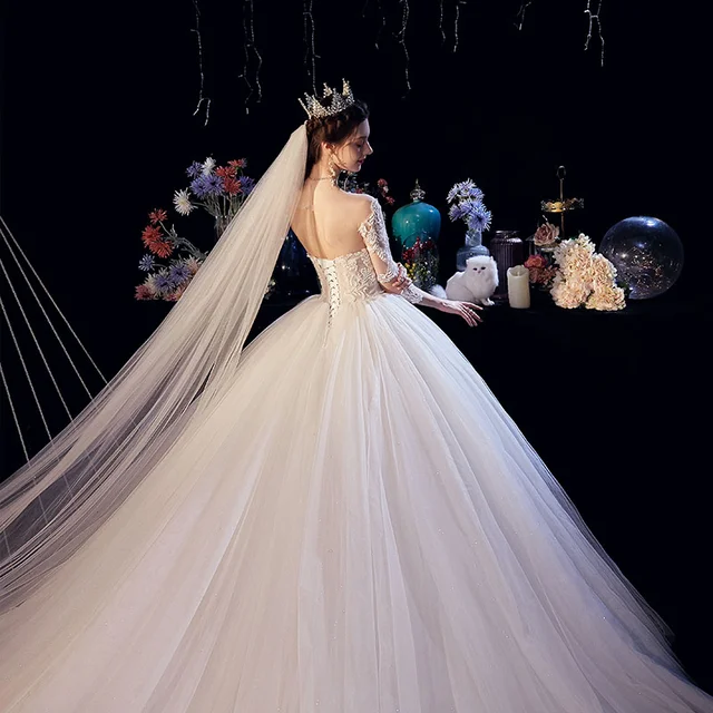 HLF26 Boho Wedding Dress Tulle Long Sleeve Applique Lace Top Bridal Dress Vestido De Noiva Princesa Vestidos Novias Boda 3