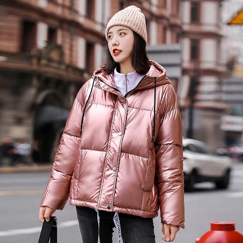 Rose Gold Спортивная Глянцевая зимняя куртка, Женская парка, пальто с капюшоном, пуховик, хлопок,, больше размера d размера плюс, женская теплая одежда, верхняя одежда, пуховик, осень - Цвет: Rose Gold