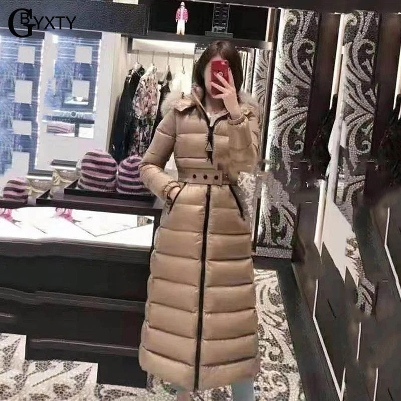 GBYXTY, длинное плотное пуховое пальто с капюшоном, роскошный воротник из лисьего меха, элегантный пояс, водолазка, белый пуховик на утином пуху, Женское пальто, ZA1845