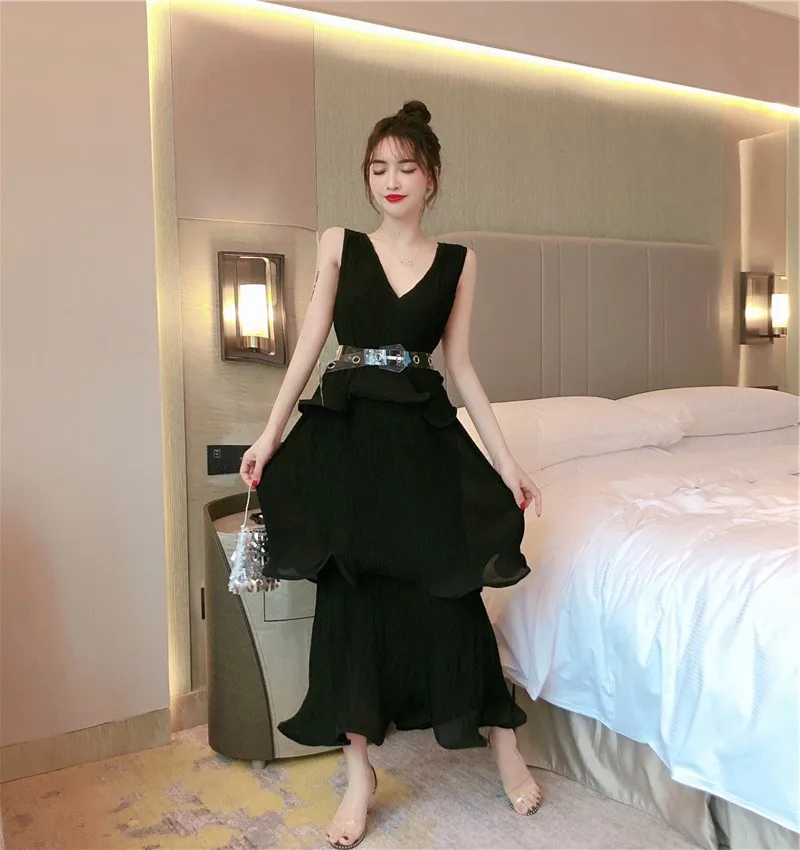 WHITNEY WANG Модное Элегантное Плиссированное шифоновое многослойное платье с v-образным вырезом женские вечерние платья