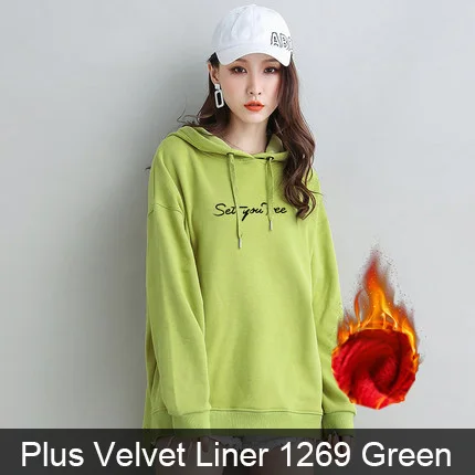 Winter 1259 Green Толстовки и кофты Пуловеры Для женщин Осень и Зима Свободная плюс бархатный толстая лайнер Толстовка Печать писем куртка 2 - Цвет: Winter 1259 Green