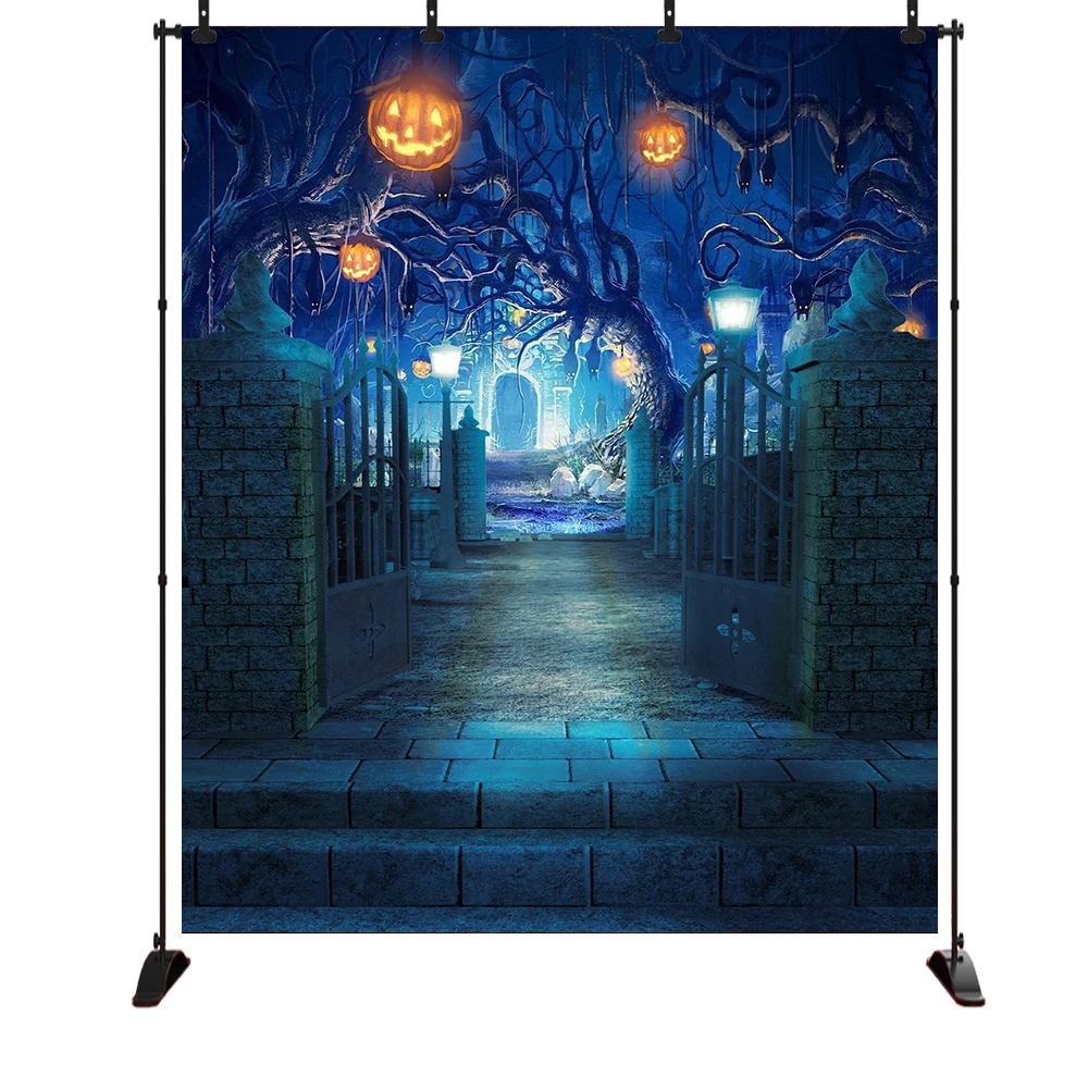 

Halloween Horrible Stone Castle Terror Tree Pumpkin Lantern Backdrop for Studio Props Photo Backdrop