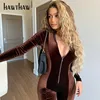 Hawthaw סתיו חורף נשים ארוך שרוול קטיפה רוכסן כושר Bodycon Playsuit סרבל Romper 2021 סתיו בגדי Streetwear