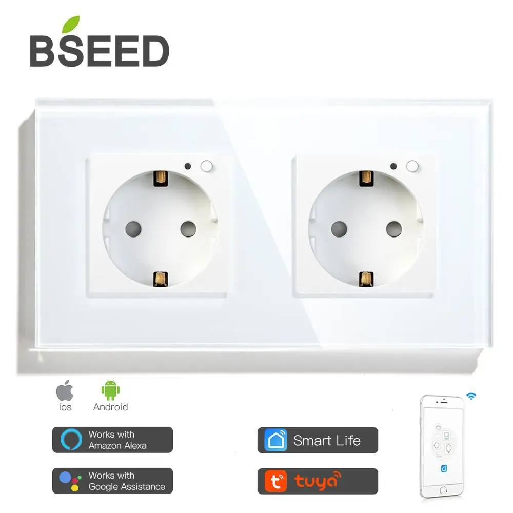 BSEED Double Wall Socket EU Standard Crystal Glass Wifi Electrical Outlet 3 Colors White Black Golden Work With Tuya Smart Life