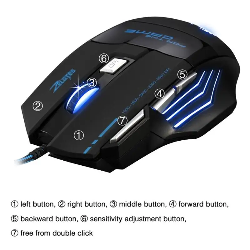 ZELOTES T-80 Проводная игровая мышь USB T80 5500 dpi 7 кнопок подсветка светодиодный оптическая компьютерная мышь геймерская мышь для настольного ПК ноутбука