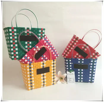 

Hot Summer Beach Basket Patchwork Striped Hand Knitted Color Casual Women Handbag Totes Trend Fashion PVC Bag