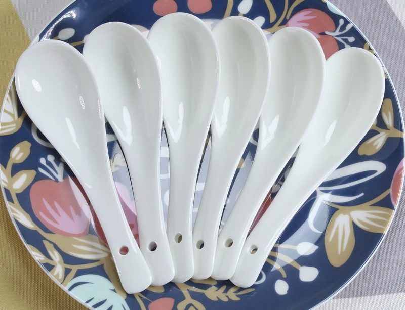 6pcs /set, white bone china soup spoon, ceramic table spoons for soup