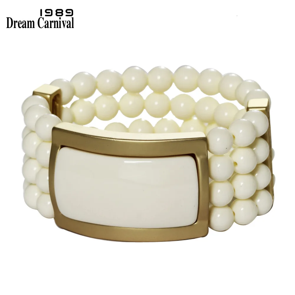 DreamCarnival 1989 большие белые бусины 4 ряда, одежда на каждый день, Повседневное Винтаж золото-Цвет заявление модные женские туфли эластичный браслет B1008