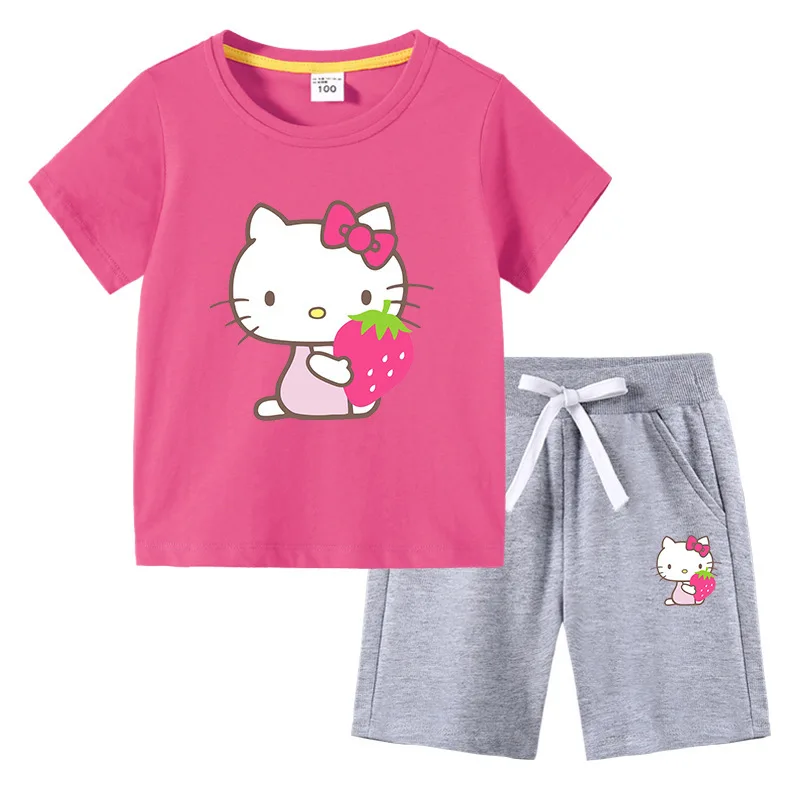 thumbnail image 1 of Camiseta con estampado de dibujos animados de verano de Hello Kitty + Pantalones casuales traje de dos piezas de manga corta de algodón para niños y niñas pueden usar, 1 of 5