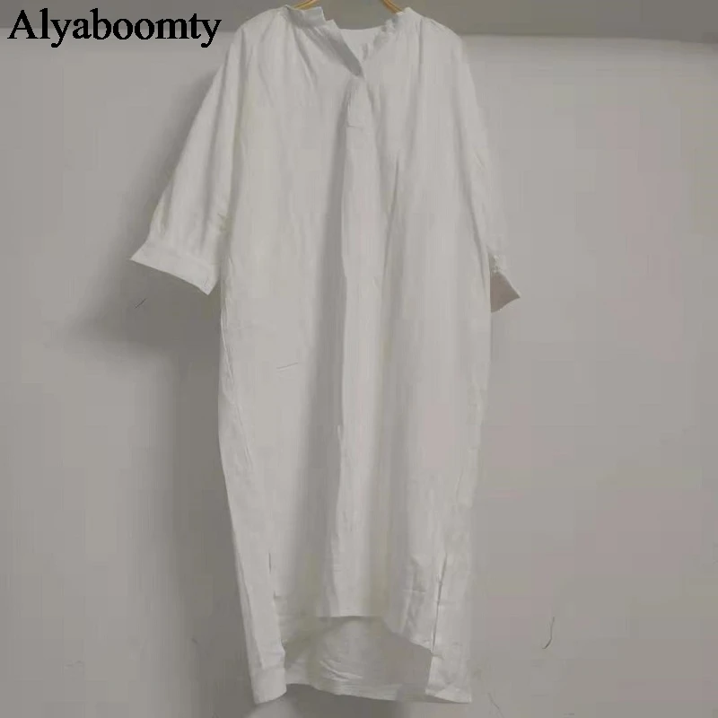 Корейский стиль Ulzzang Весна Осень женское платье-рубашка абрикосовое винтажное негабаритное Повседневное платье Vestidos с рукавами-фонариками хлопковое льняное платье - Цвет: White