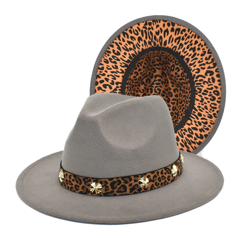 Pink leopard-print fedora hat women's two-color wool felt top hat chain jazz hat autumn and winter men's wide brim Panama hat wool fedora