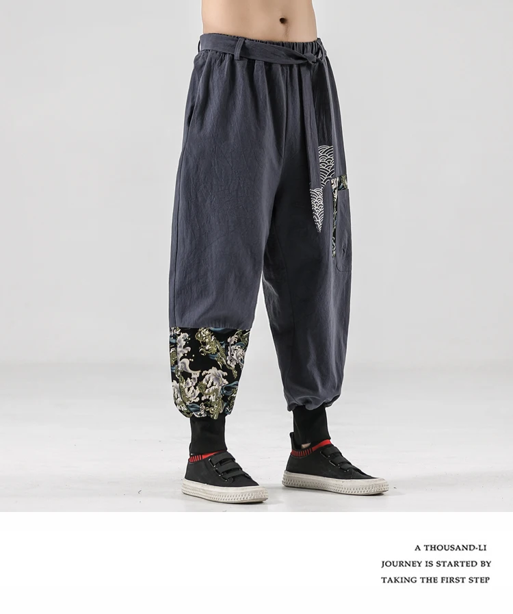 2021 Men Linen Harem Pants Mens Printed Chinese Style Cotton Trousers Man Streetwear Pants Male Vintage Cross  Crotch Pants jersey harem pants