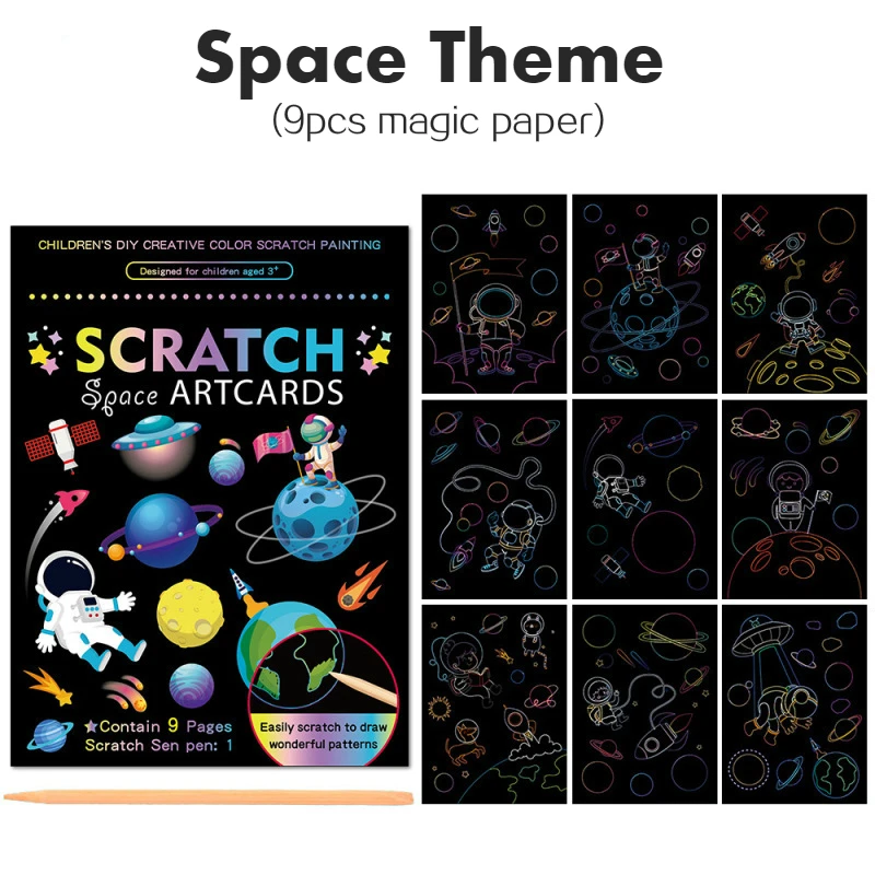 9Pcs/Set Magic Rainbow Color Scratch Art Painting Paper Card Kit Cartoon Dinosaur Unicorn Drawing Board Kids DIY Educational Toy 12