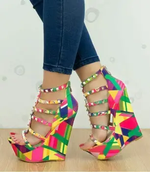 

Rivet Wedges Sandals Waterproof Super 14cm High Heel Summer Women Shoes Ankle Buckle Round Open Toe Cut Out Silver Sandals