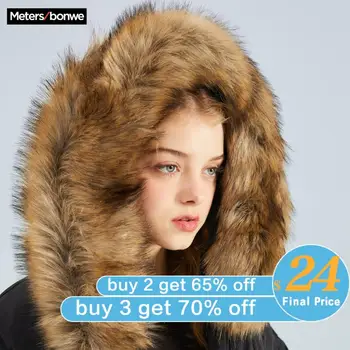 

Metersbonwe 2020 Winter Colorful Fur collar Hooded Padded Women's section Warm Snow Female Windproof Padded Coat