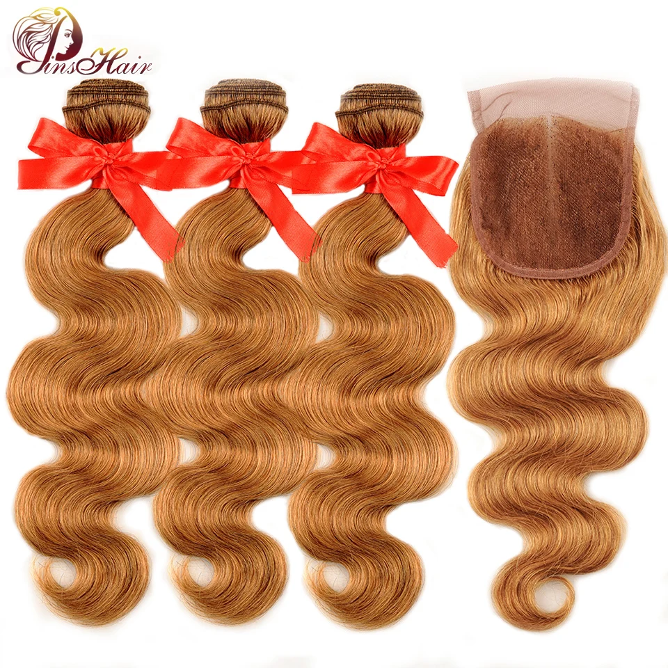 

Brazilian Body Wave Bundles With Closure #27 Ombre Blonde Brown Human Hair Weave Bundles With Closure Pinshair Non-Remy