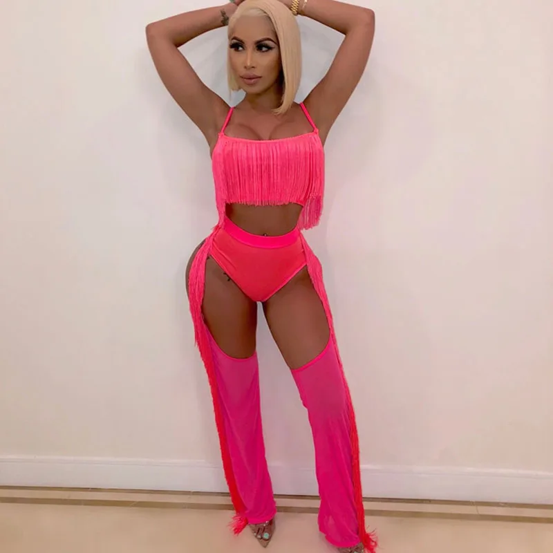 

Pink Night Club Sexy Two Piece Set Women Hollow Out Spaghetti Straps Tassel Camis Top and Mesh Pants Suit Matching Set Outfits