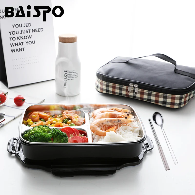 Baispo Ланч-бокс из нержавеющей стали, портативная коробка для бенто, контейнеры для еды с разветвленными отделениями, ланчбокс для пикника, школы