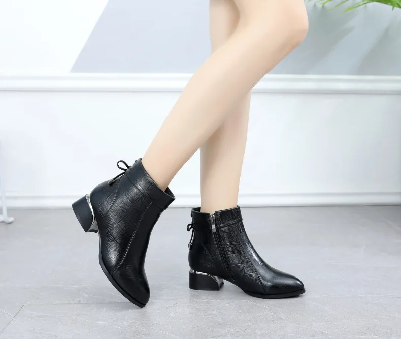 GKTINOO New Ankle Boots Women Pointed Toe Thick Heels Genuine Leather Shoes Short Boots Soft Sole Footwear Plus Size 35-43