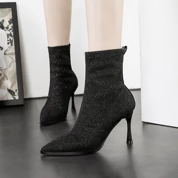 

2020 Sexy Pointed Toe Concise Ankle Slip-on Boots Thin High Heel Quality Stretch Flock Autumn Winter Women Shoes